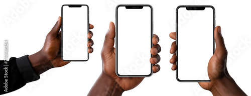 Set of mobile phones in hands of African American men, cut out