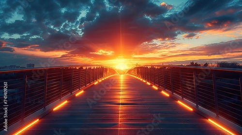 Illuminated modern bridge leading into a golden sunrise or sunset