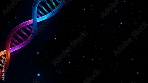 DNA Strands in Space, Blue Stars Glowing on the Background. Place gor text, backdrop, banner