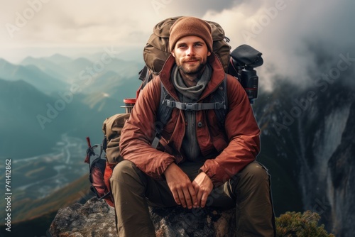 Young male tourist with a large backpack in the mountains and looking at the camera