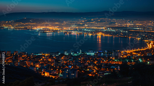 View of Izmir Bay in the evening from the high hill.