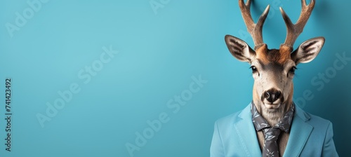Deer in business suit pretending to work in corporate studio setting, with copy space on plain wall