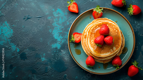 Plate with tasty pancakes and strawberries on color background, generative ai