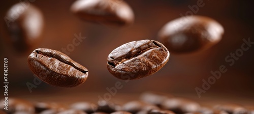 Roasted coffee beans floating on dark background with text space, great for coffee concepts and ads.