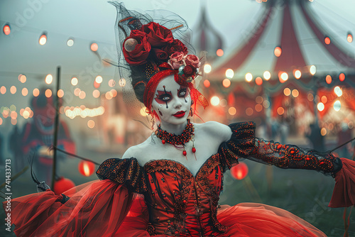 ilustración de cuerpo entero de una hermosa mujer vestida de payaso en circo terrorífico