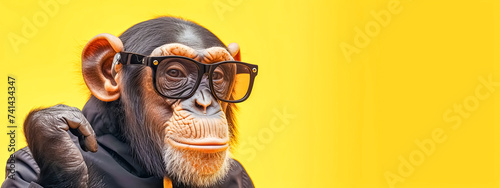 A chimpanzee wearing glasses and a hoodie in a yellow background, copy space