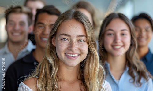 Group of smiling, happy and confident young business interns starting an internship at a private sector company. Candid modern contemporary isolated shot in an office setting, natural light and bokeh