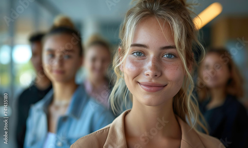 Group of smiling, happy and confident young business interns starting an internship at a private sector company. Candid modern contemporary isolated shot in an office setting, natural light and bokeh