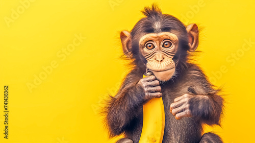 A primate is seated on a yellow background, eating a banana, copy space
