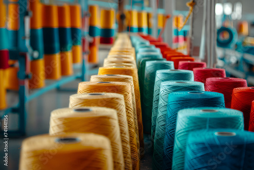Endless rows of thread spools in a factory setting, showcasing a spectrum of textiles
