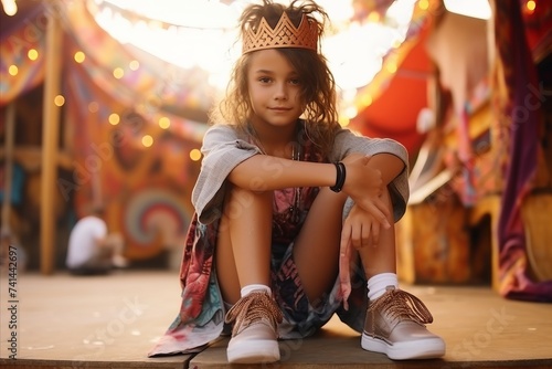 Portrait of a beautiful little girl sitting on the floor in the amusement park
