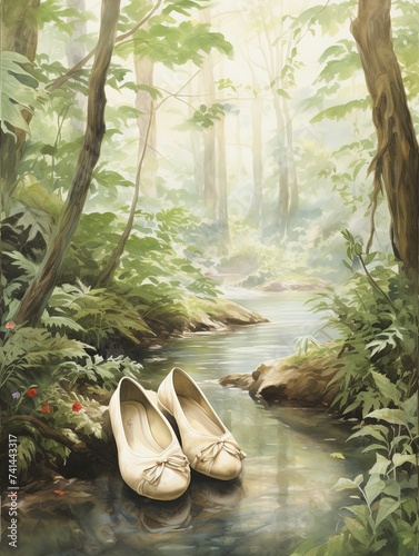 Elegant Ballet Sketches: Enchanting Stream and Brook Woodland Art with Ballet Slippers Print