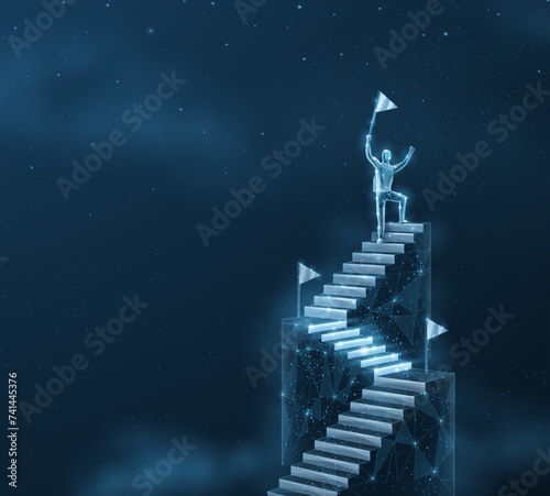 Man on the top of ladder. Digital success, succeed path, accomplish mission, digital transformation