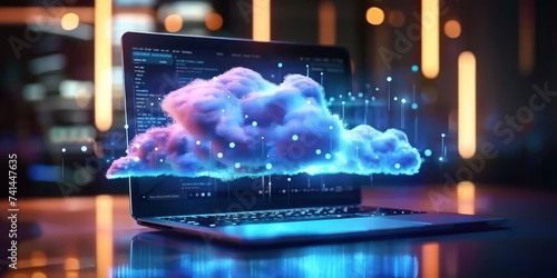 Technology and imagination captures essence of modern data storage solutions whimsical powerful cloud hovers above laptop symbolizing limitless potential of cloud computing