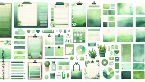 watercolor set featuring a variety of list sheets green color , digital cute sticky notes, and memo pads as design elements pads as design elements