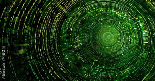 A vivid digital vortex of green matrix code and square pixels, symbolizing high-tech data flow or cyber security concept in a dynamic circular pattern