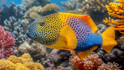Blue jaw triggerfish swimming amid vibrant corals in a saltwater aquarium environment