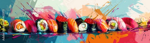 Abstract sushi set avant garde radiant colors against contemporary backdrop