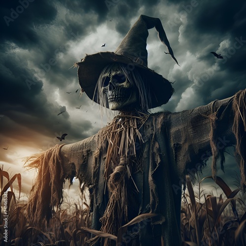 Scarecrow in the field. very scary and creepy, photorealistically rendered scarecrow with a human skull and a witch's hat. Dark atmosphere. Scarecrow from nightmares