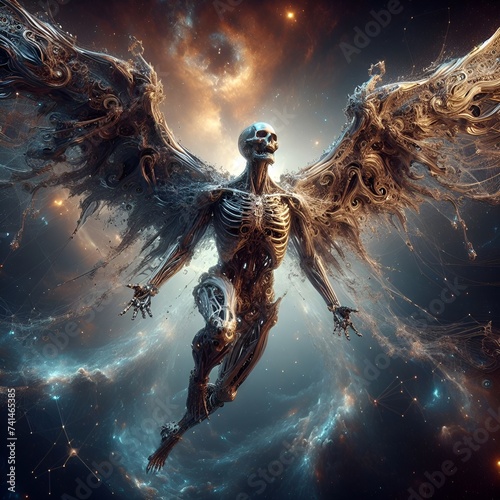 Angel skeleton. An epic extremely detailed of a titanium skeletal angel, fantasy concept art, dynamic lighting, epic glowing galaxy background