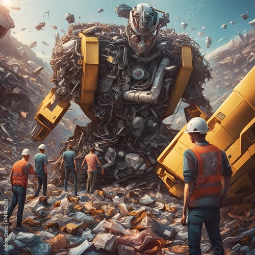 Futuristic landfill. Futuristic rendering of workers in protective gear sorting garbage at a landfill alongside robotic, automated landfill machines