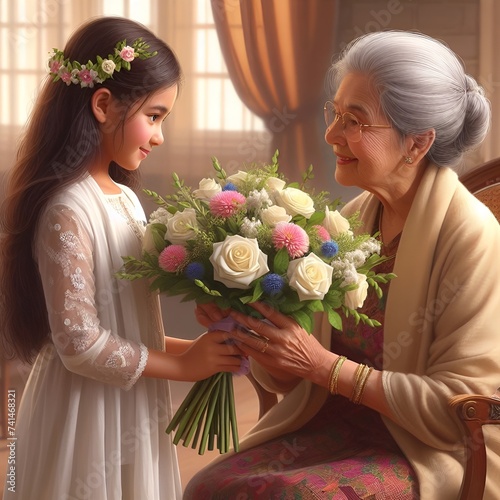 Meeting of old and young. A little girl hands a bouquet of beautiful flowers to her old grandmother for her birthday. A scene of true love in a harmonious family