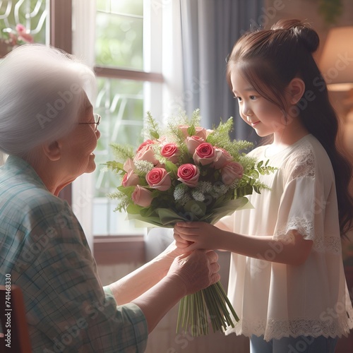 Meeting of old and young. A little girl hands a bouquet of beautiful flowers to her old grandmother for her birthday. A scene of true love in a harmonious family