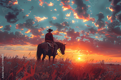 Cowboy riding horse in sunset
