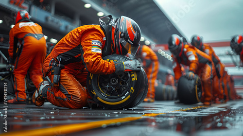 A professional racing team executing a precise pit stop during a high-speed formula race.