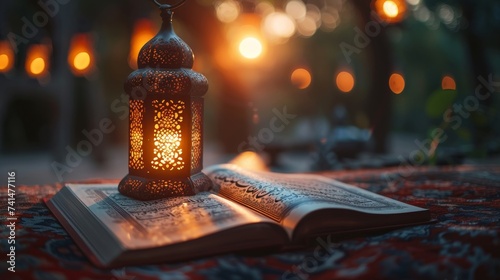 Lighted lantern and Holy Quran for Ramadan kareem