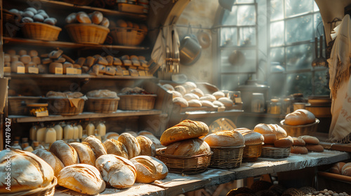 A bakery filled with staple food like bread rolls in baskets
