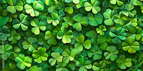 St Patrick's Day themed background with green four-leaf clovers. Concept St Patrick's Day, Green Four-Leaf Clovers, Festive Background, Lucky Charm, Irish Celebration