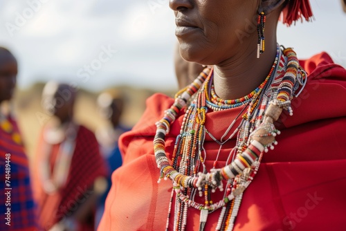 maasai woman in beaded necklaces and red shuka at a tribal ceremony