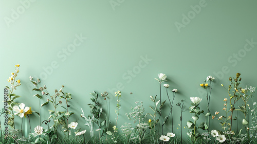 A mint green wall featuring a fresh, abstract depiction of a spring meadow, with grass and flowers forming shapes of meadow creatures