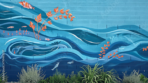 A mural on an azure blue wall, depicting a tranquil, abstract river scene, water ripples forming patterns of aquatic plants and fish