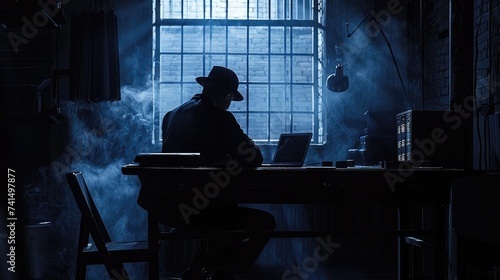 Medium silhouette shot of a detective, policeman sitting in the interrogation room, working on a laptop and studying the evidence.