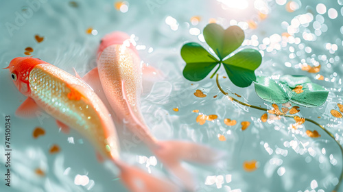 free space for title banner with Surreality, on the shimmering white water surface, there are two pink and gold fish and emerald four leaf clover with a heart-shaped shape in the middle, beautiful cur