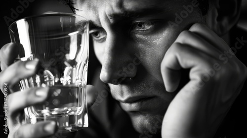  A man with a pensive expression holds a glass, captured in striking black and white close-up photography