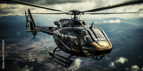 A magnificent helicopter, drowning in the ocean of glass and concrete jungle of the city lands