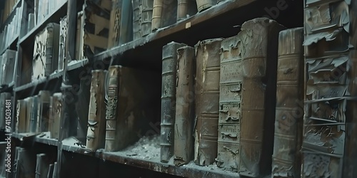 Abandoned library with shelves filled with weathered medical books covered in dust. Concept Abandoned Places, Vintage Books, Dusty Shelves, Creepy Atmosphere, Eerie Library