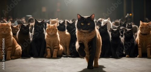 A group of Felidae, carnivorous terrestrial animals known as cats, are sitting and standing in a row, sharing the event. Their fur glistens in the screenshot