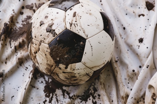 closeup of a soccer ball among mud splatters on white jersey