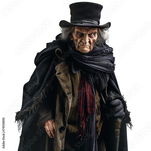 Illustration of Ebenezer Scrooge from Charles Dickens A Christmas carol cut out and isolated on a white background