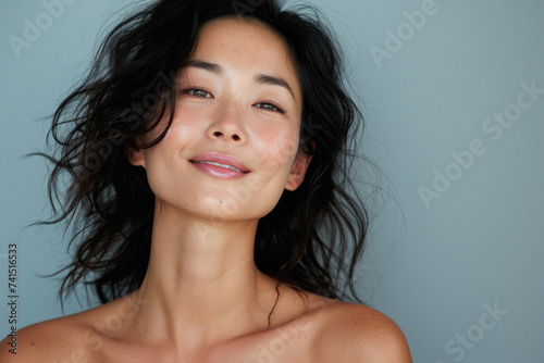 Beautiful Asian woman of middle age posing for beauty portrait. Pretty mature adult lady model from Asia looking at camera smiling on background advertising anti aging skin care. Face skincare .