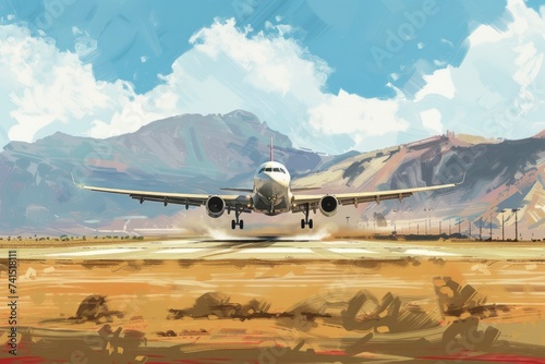 A Painting of a Plane Taking Off From an Airport