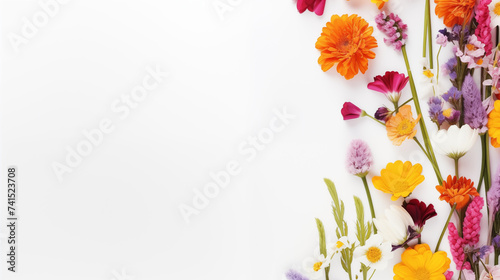 Fond blanc avec un contour de fleurs, plantes fraîches et colorées. Nature, ambiance florale. Printemps, printanier, été. Pour conception et création graphique.