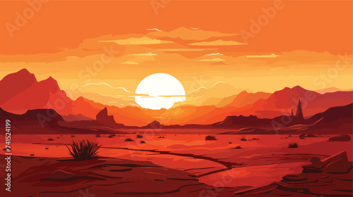 Vector illustration of sunset desert landscape. 