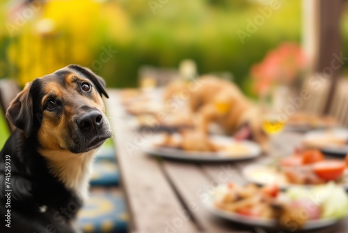 table featured with a background blur of a dog begging for food at a bbq