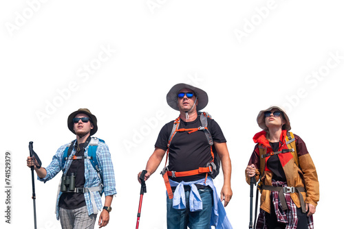 Tourists with backpacks hike on rocky of top mountain trekking is adventure activity sport for Traveller who love hike on summer holidays trekking and activity 