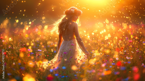 Boho bunny in a flowing maxi dress, sporting flower crown, amidst a wildflower meadow backdrop, lit with golden sunset, emanating whimsical charm and free-spirited style